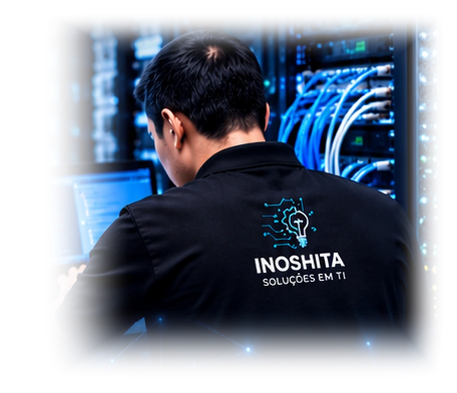 Técnico com camiseta Inoshita Soluções em TI trabalhando em sala de servidores