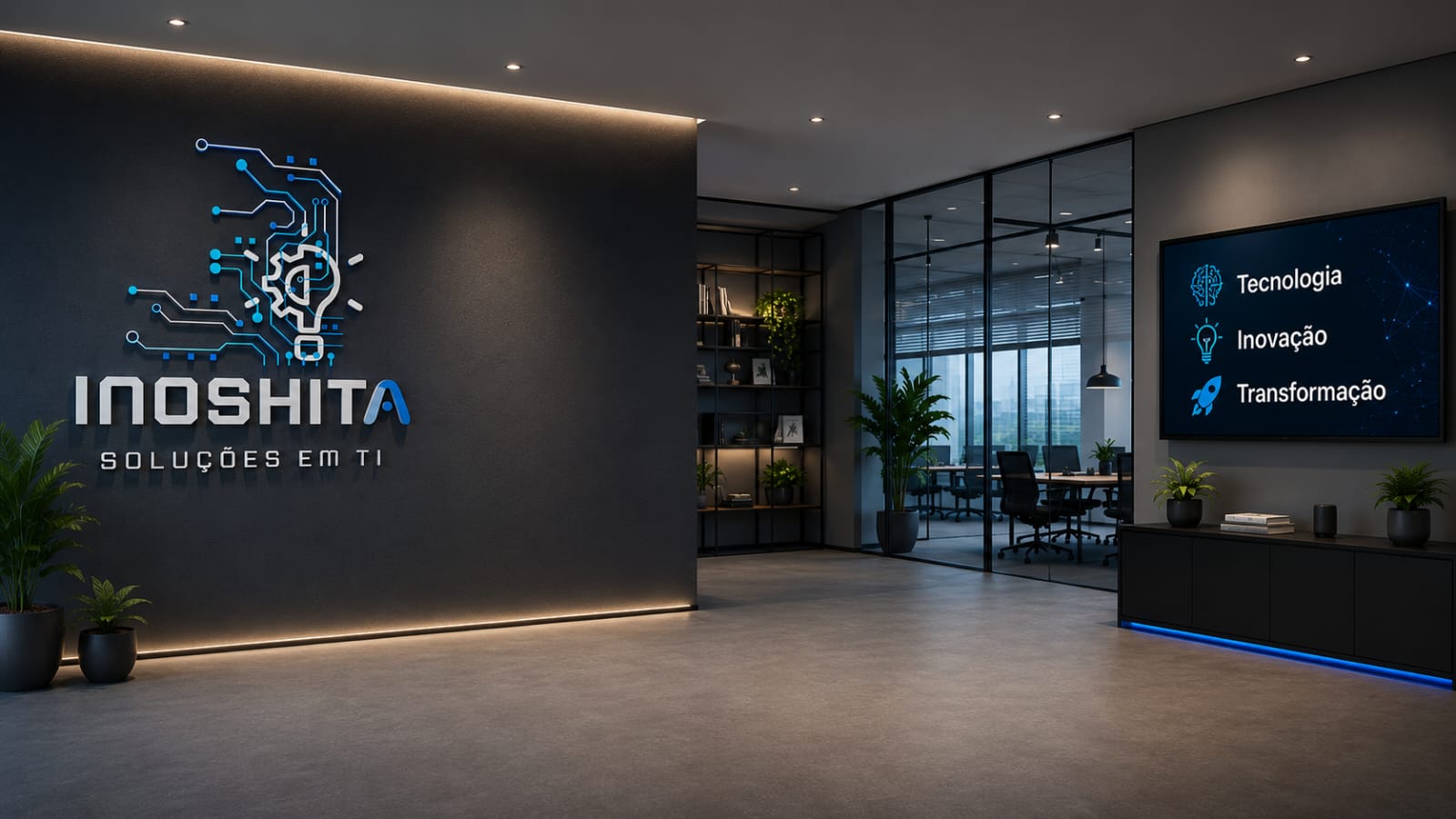 Ambiente corporativo ilustrativo com identidade visual da Inoshita e referências à tecnologia, inovação e transformação
